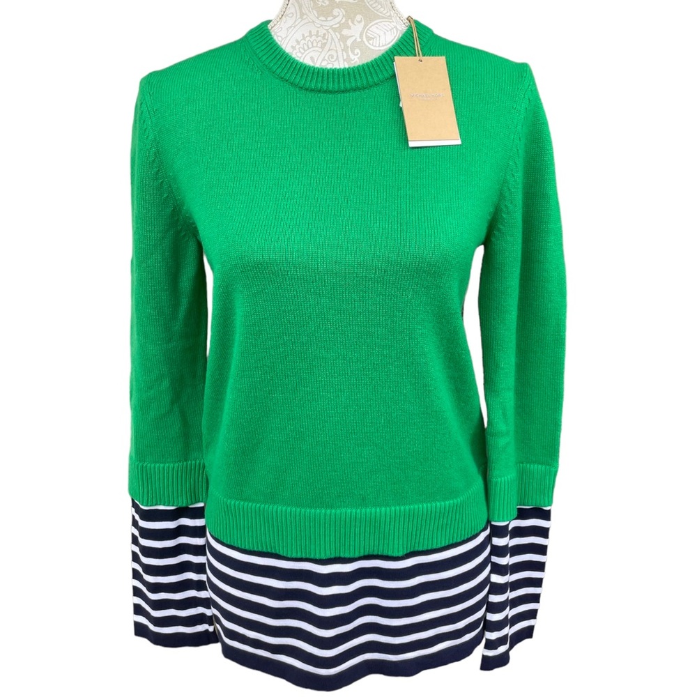 NWT Michael Kors Collection Cashmere Blend Garden Green and Navy Stripe Sweater